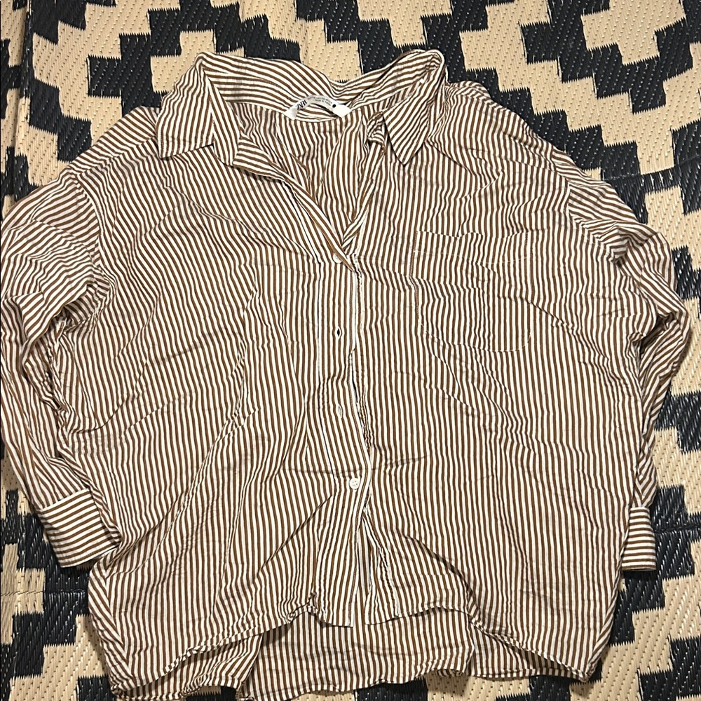 EUC Zara Striped Brown and White Button-Up Shirt